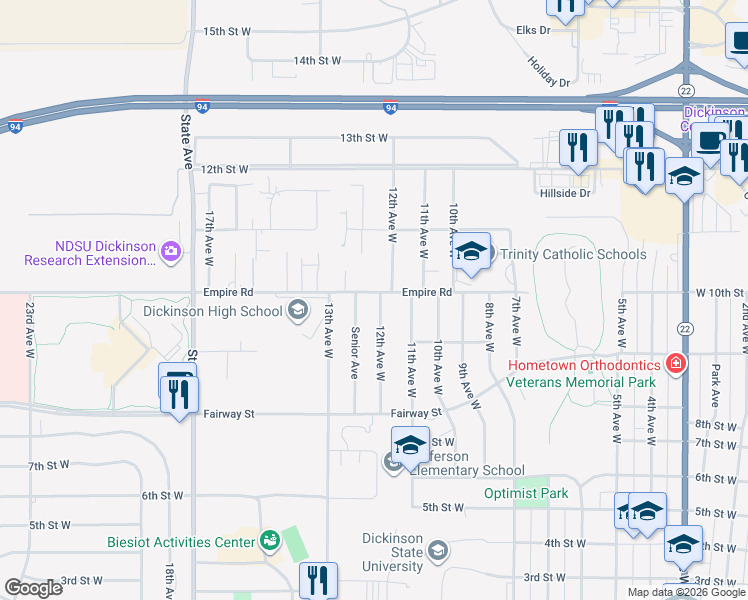 map of restaurants, bars, coffee shops, grocery stores, and more near 1001 12th Avenue West in Dickinson