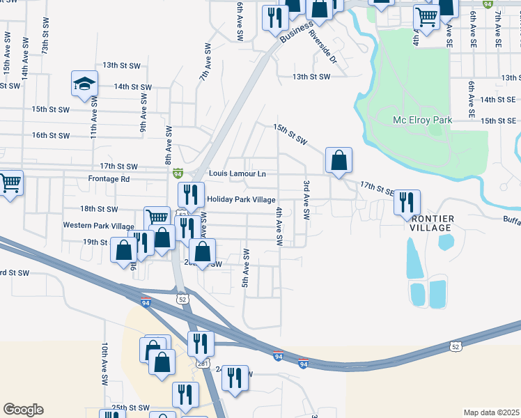 map of restaurants, bars, coffee shops, grocery stores, and more near 401-507 18th Street Southwest in Jamestown