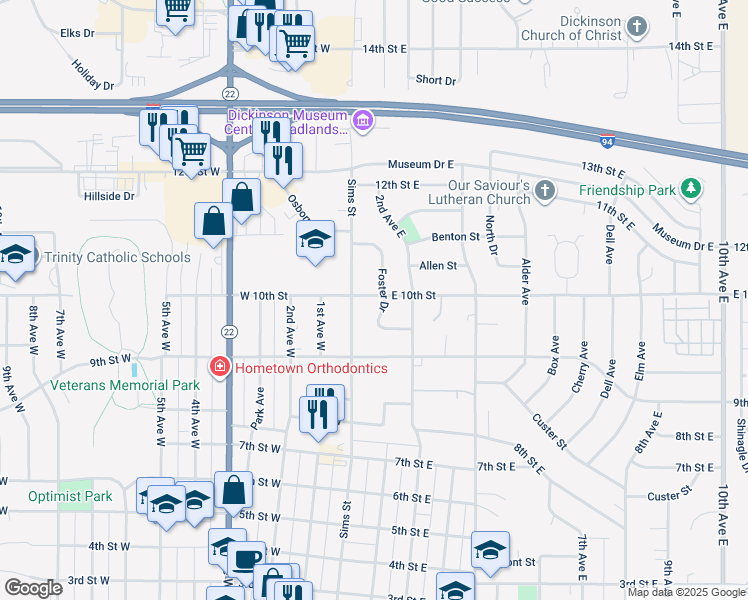 map of restaurants, bars, coffee shops, grocery stores, and more near 986 Foster Drive in Dickinson