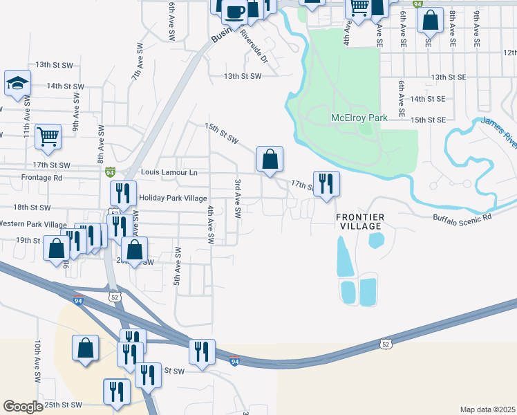 map of restaurants, bars, coffee shops, grocery stores, and more near 1013 2nd Avenue Southwest in Jamestown