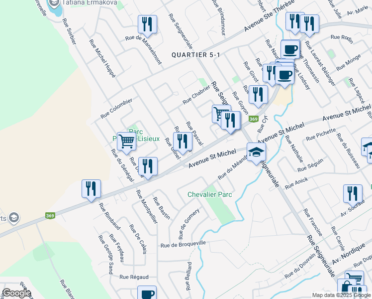 map of restaurants, bars, coffee shops, grocery stores, and more near 51 Rue Dubeau in Québec