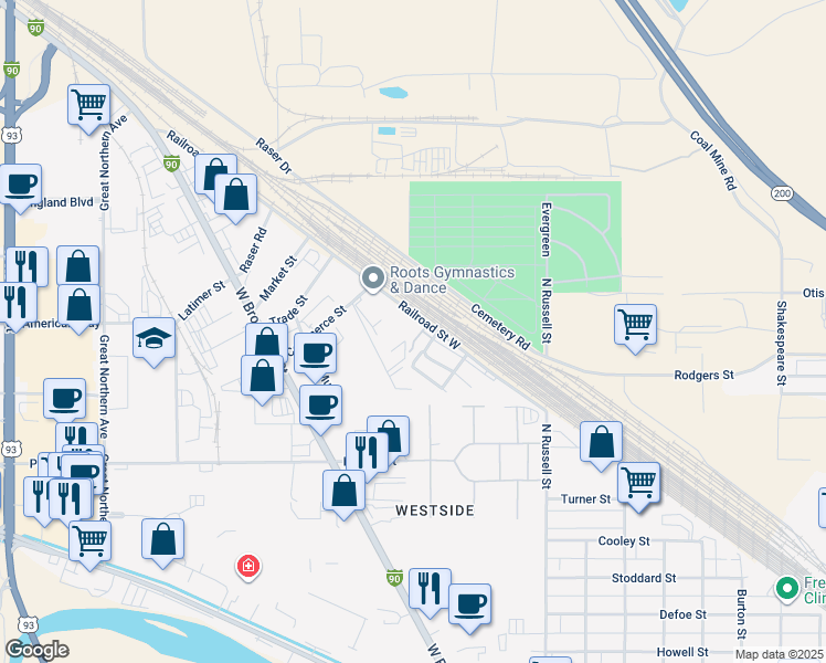 map of restaurants, bars, coffee shops, grocery stores, and more near 2505 Railroad Street West in Missoula