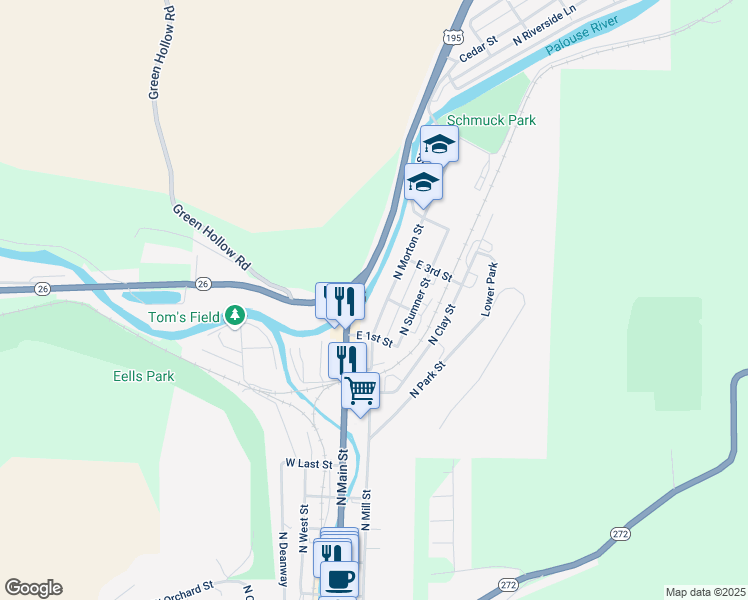 map of restaurants, bars, coffee shops, grocery stores, and more near 907 North Morton Street in Colfax