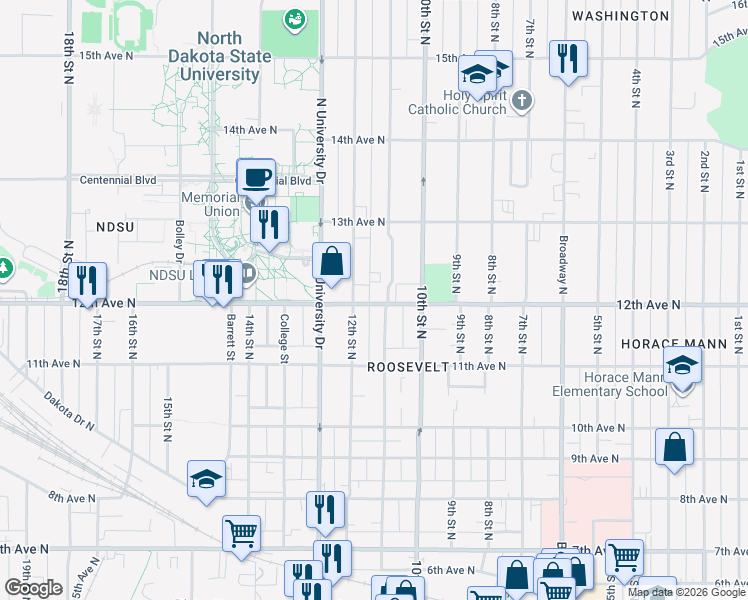 map of restaurants, bars, coffee shops, grocery stores, and more near 1137 12th Street North in Fargo