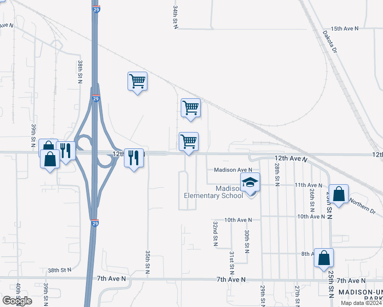 map of restaurants, bars, coffee shops, grocery stores, and more near 3220 12th Avenue North in Fargo