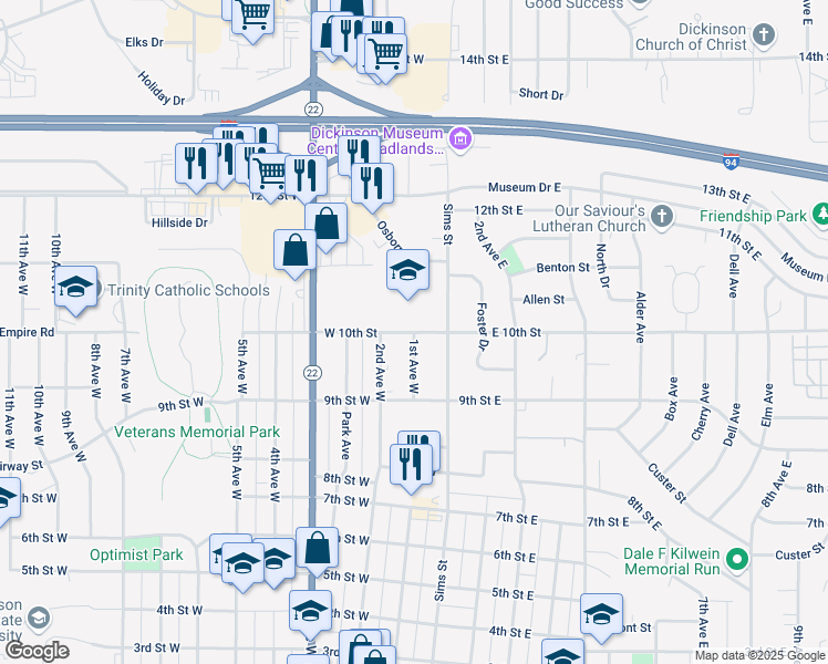 map of restaurants, bars, coffee shops, grocery stores, and more near 102 West 10th Street in Dickinson