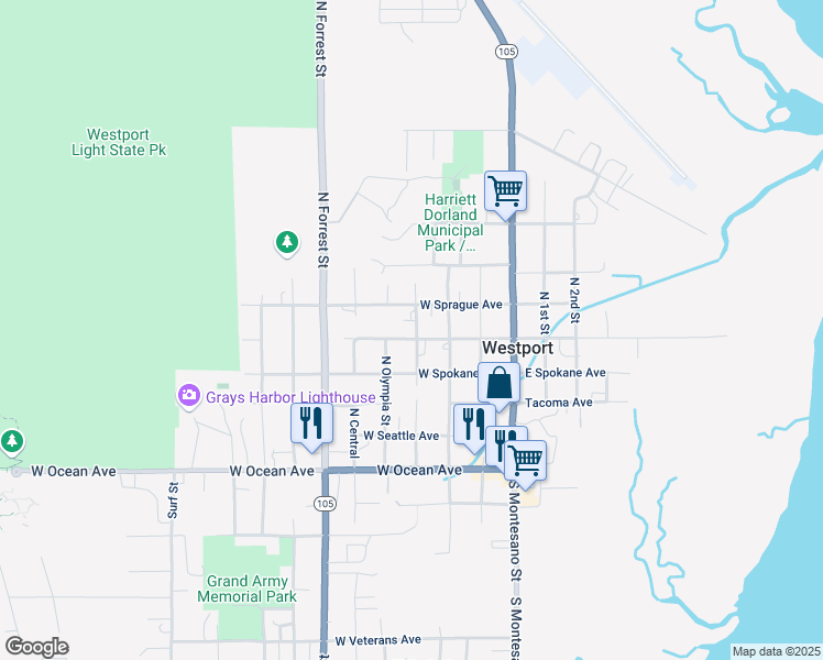map of restaurants, bars, coffee shops, grocery stores, and more near 410 West Pacific Avenue in Westport