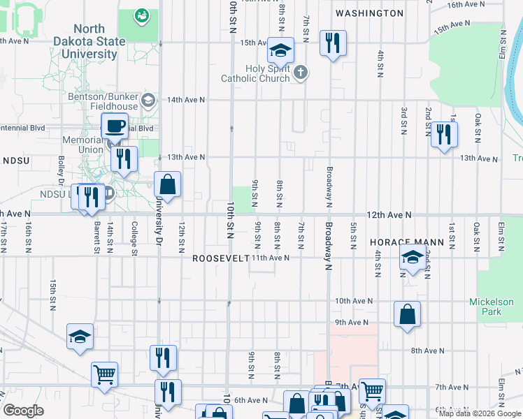 map of restaurants, bars, coffee shops, grocery stores, and more near 817 12th Avenue North in Fargo