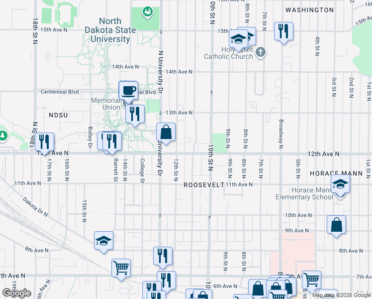 map of restaurants, bars, coffee shops, grocery stores, and more near 1137 12th Street North in Fargo