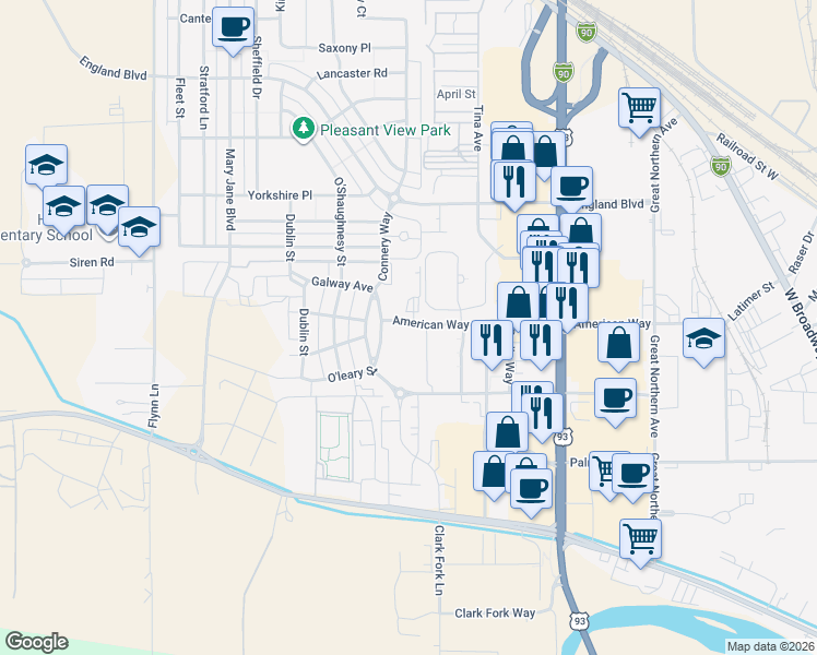 map of restaurants, bars, coffee shops, grocery stores, and more near 3701 American Way in Missoula