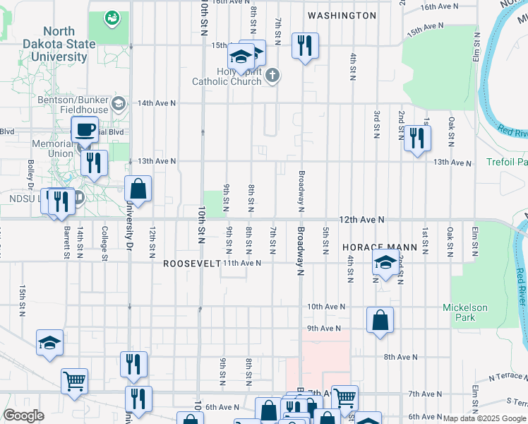 map of restaurants, bars, coffee shops, grocery stores, and more near 1137 8th Street North in Fargo