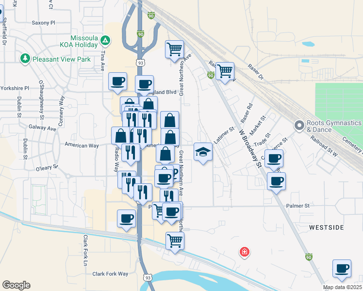 map of restaurants, bars, coffee shops, grocery stores, and more near 3099 American Way in Missoula