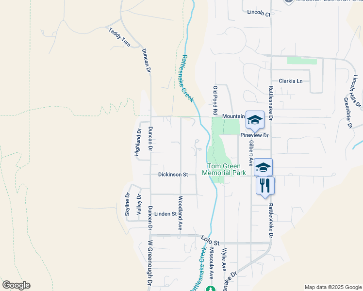 map of restaurants, bars, coffee shops, grocery stores, and more near 2706 Woodland Avenue in Missoula