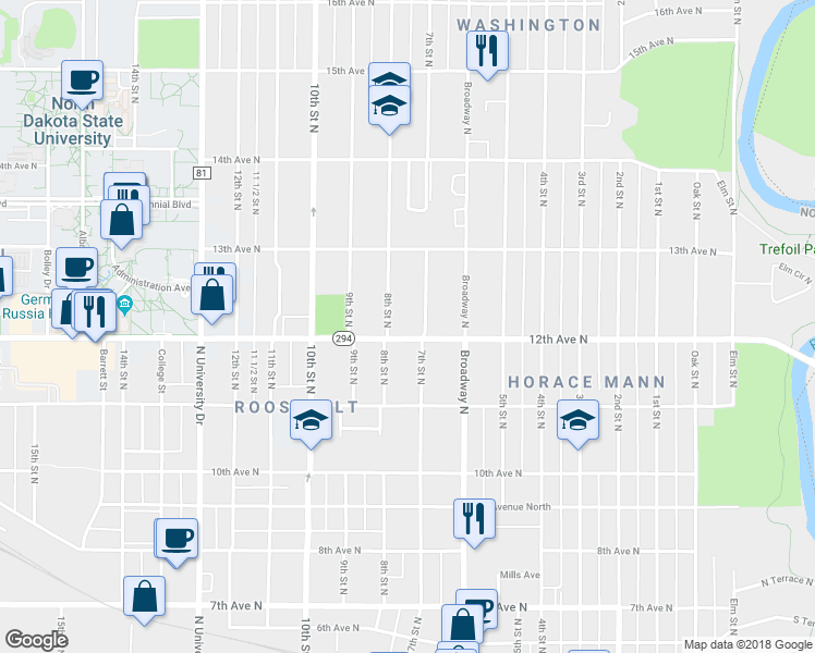 map of restaurants, bars, coffee shops, grocery stores, and more near 1137 8th Street North in Fargo