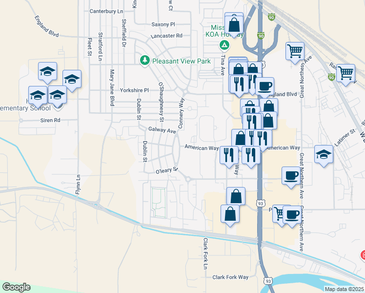 map of restaurants, bars, coffee shops, grocery stores, and more near 127 Connery Way in Missoula
