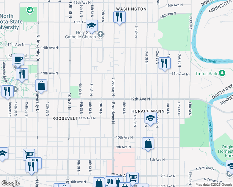 map of restaurants, bars, coffee shops, grocery stores, and more near 1209 Broadway North in Fargo