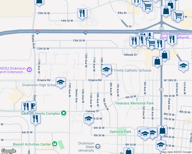 map of restaurants, bars, coffee shops, grocery stores, and more near 1064-1098 11th Ave W in Dickinson