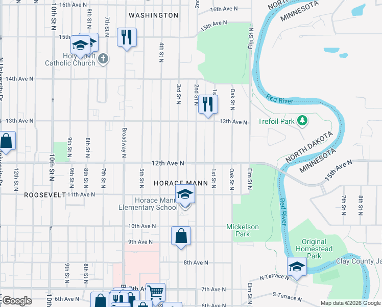 map of restaurants, bars, coffee shops, grocery stores, and more near 1229 2nd Street North in Fargo