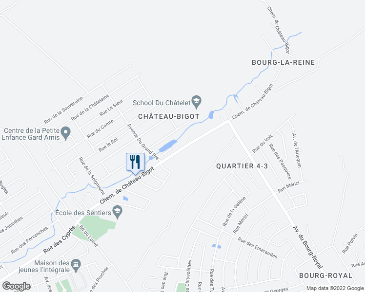 map of restaurants, bars, coffee shops, grocery stores, and more near 1385 Chemin de Château-Bigot in Québec