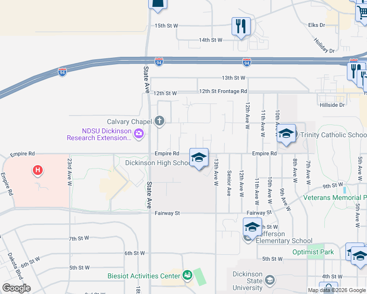 map of restaurants, bars, coffee shops, grocery stores, and more near Cottage Grove in Dickinson