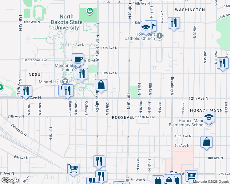 map of restaurants, bars, coffee shops, grocery stores, and more near 1209 11 1/2 Street North in Fargo