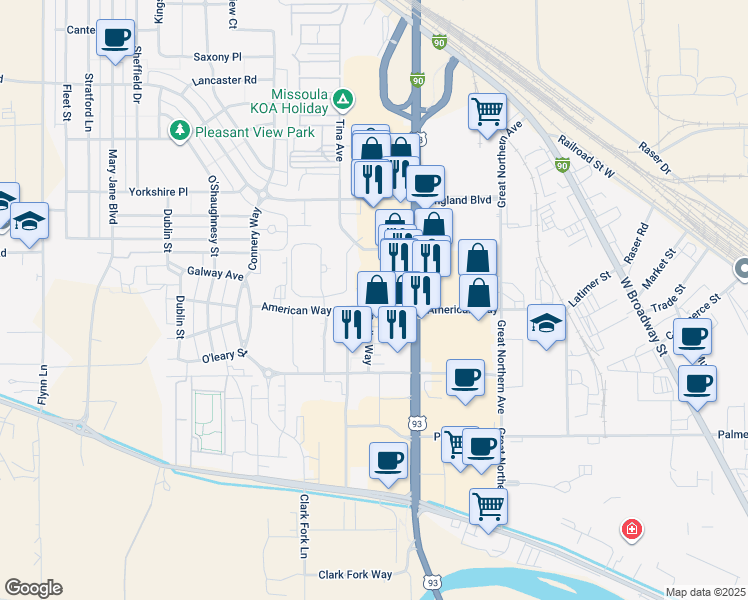 map of restaurants, bars, coffee shops, grocery stores, and more near 2805 N Reserve St in Missoula