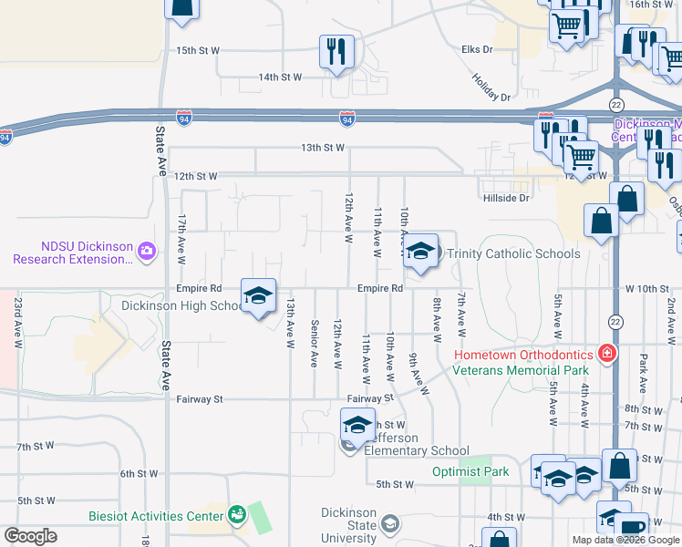 map of restaurants, bars, coffee shops, grocery stores, and more near 1001-1099 12th Avenue West in Dickinson