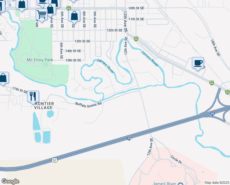map of restaurants, bars, coffee shops, grocery stores, and more near 901 18th Street Southeast in Jamestown