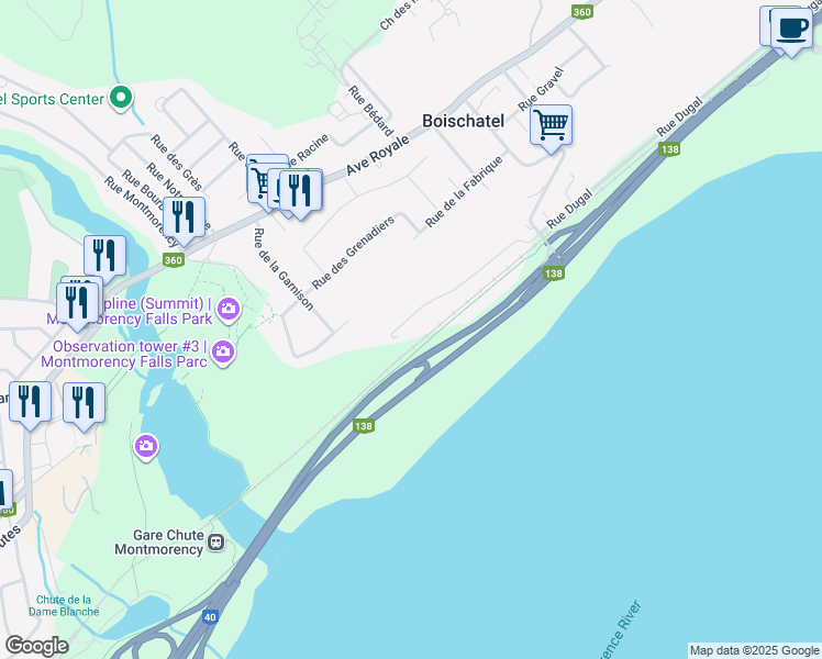 map of restaurants, bars, coffee shops, grocery stores, and more near 524 Côte de l'Église in Boischatel