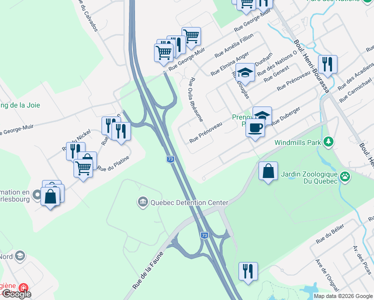 map of restaurants, bars, coffee shops, grocery stores, and more near 171 Rue Françoise-Encelin in Québec