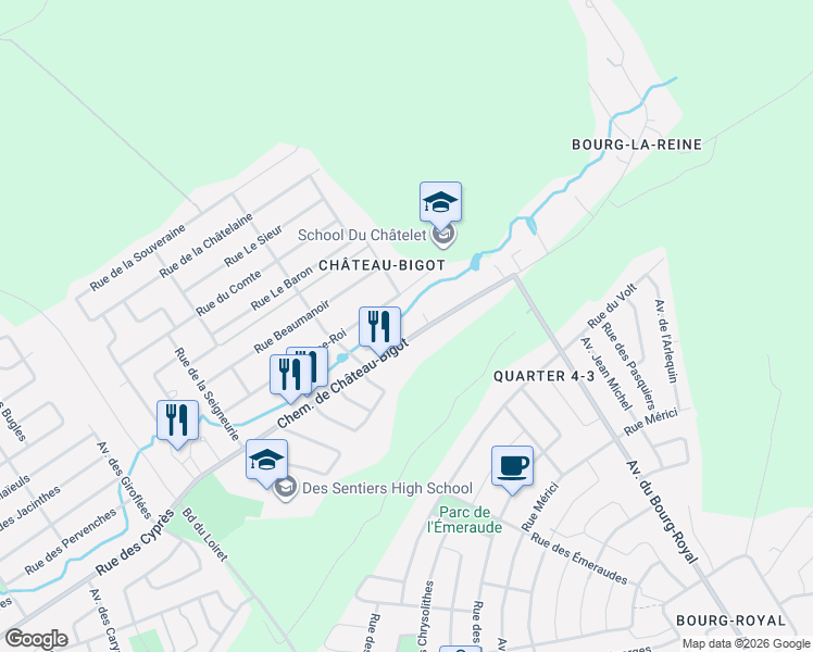 map of restaurants, bars, coffee shops, grocery stores, and more near 1385 Chemin de Château-Bigot in Québec
