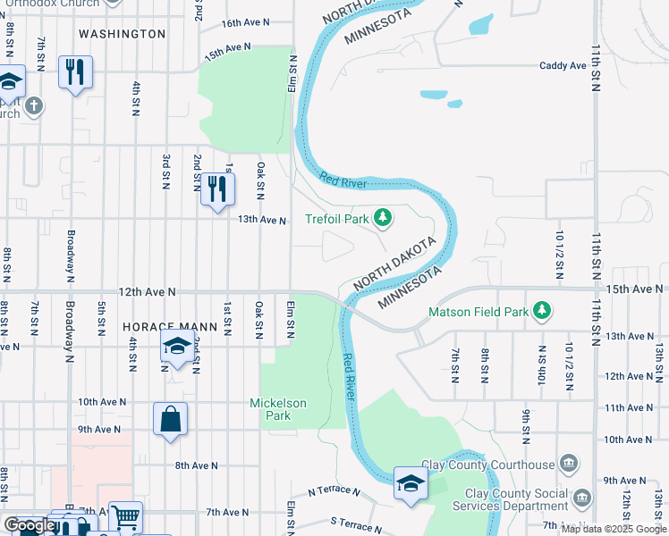 map of restaurants, bars, coffee shops, grocery stores, and more near 1309 Elm Circle North in Fargo