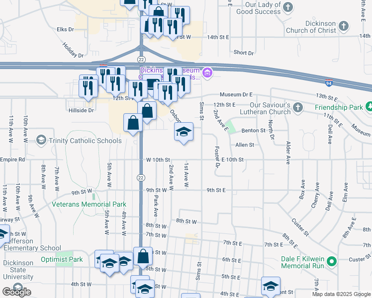 map of restaurants, bars, coffee shops, grocery stores, and more near 102 West 10th Street in Dickinson