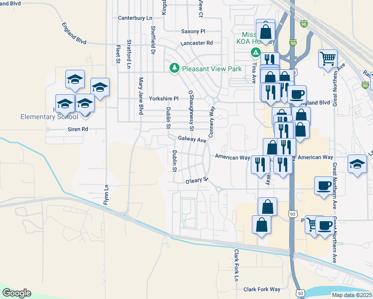 map of restaurants, bars, coffee shops, grocery stores, and more near 2807 O'Shaughnesy Street in Missoula