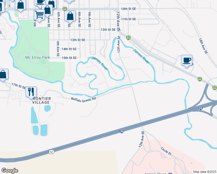 map of restaurants, bars, coffee shops, grocery stores, and more near 901-1199 18th Street Southeast in Jamestown