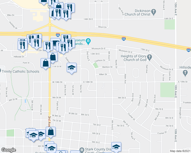 map of restaurants, bars, coffee shops, grocery stores, and more near 1029 2nd Avenue East in Dickinson