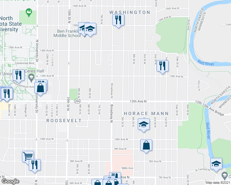 map of restaurants, bars, coffee shops, grocery stores, and more near 1225 North Broadway Drive in Fargo