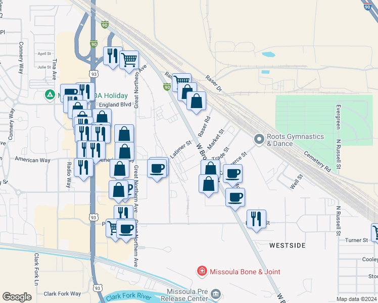 map of restaurants, bars, coffee shops, grocery stores, and more near in Missoula