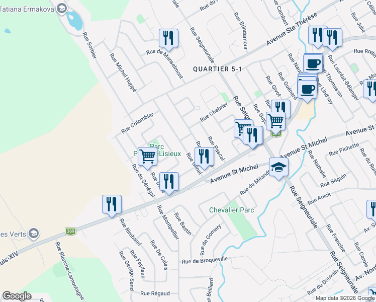 map of restaurants, bars, coffee shops, grocery stores, and more near 34 Rue Glinel in Québec