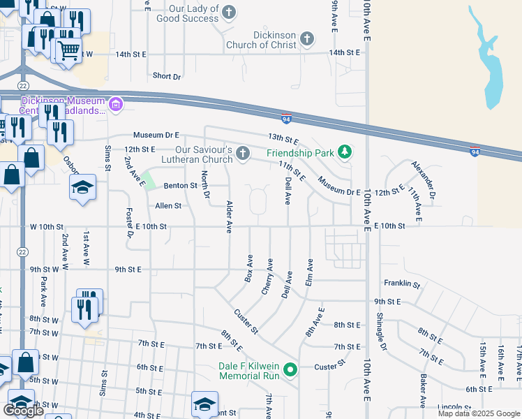 map of restaurants, bars, coffee shops, grocery stores, and more near 1043 Enterprise Avenue in Dickinson