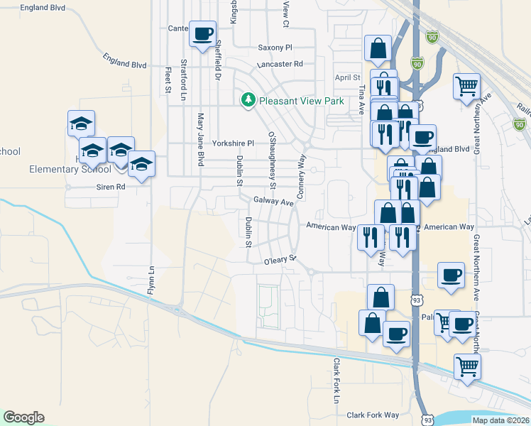 map of restaurants, bars, coffee shops, grocery stores, and more near 2824 O'Shaughnesy Street in Missoula