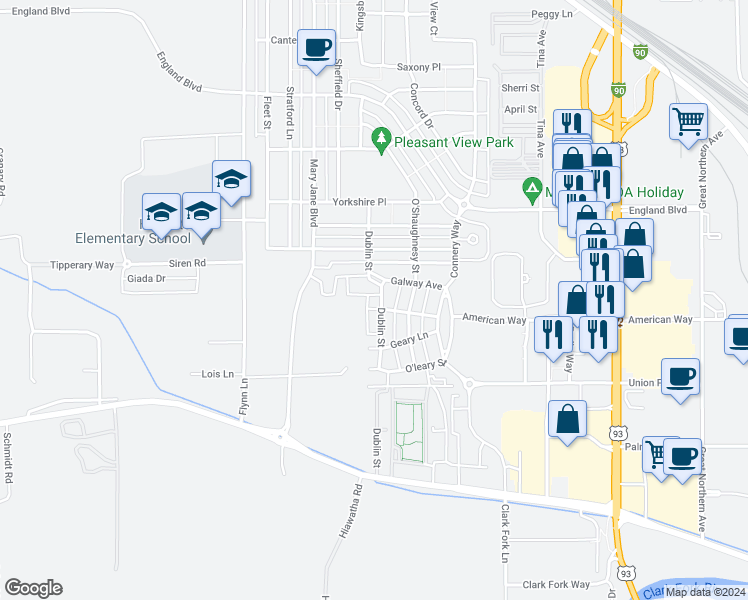 map of restaurants, bars, coffee shops, grocery stores, and more near 2907 Dublin Street in Missoula