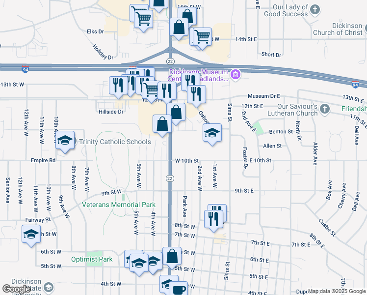 map of restaurants, bars, coffee shops, grocery stores, and more near 242 West 10th Street in Dickinson