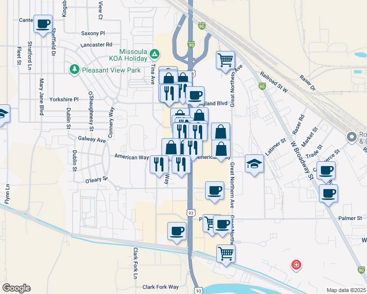 map of restaurants, bars, coffee shops, grocery stores, and more near 2805 N Reserve St in Missoula