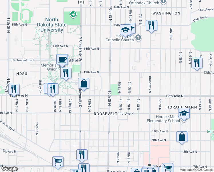map of restaurants, bars, coffee shops, grocery stores, and more near 1221 10th Street North in Fargo