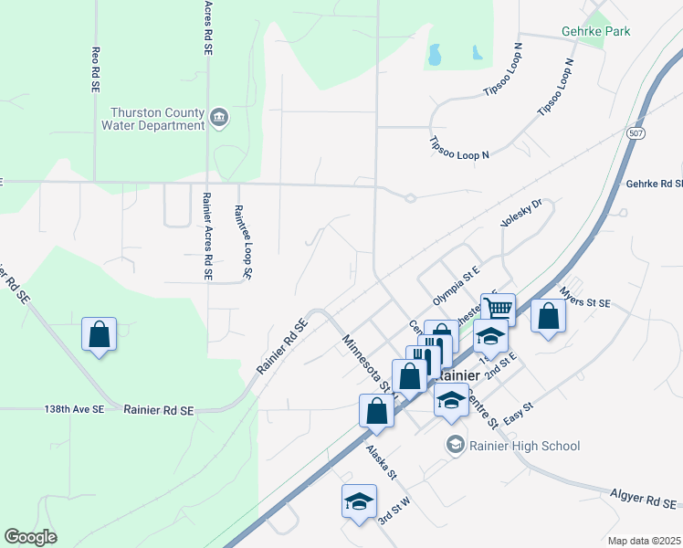 map of restaurants, bars, coffee shops, grocery stores, and more near 505 Minnesota Street North in Rainier