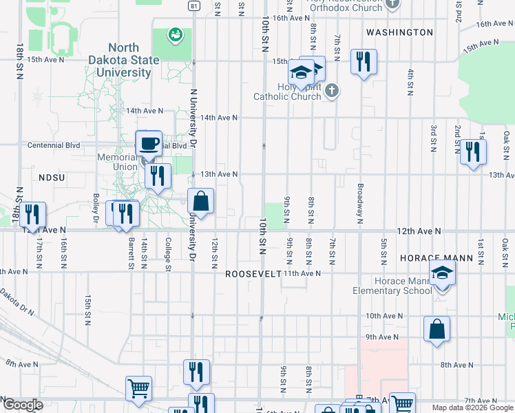 map of restaurants, bars, coffee shops, grocery stores, and more near 1221 10th Street North in Fargo