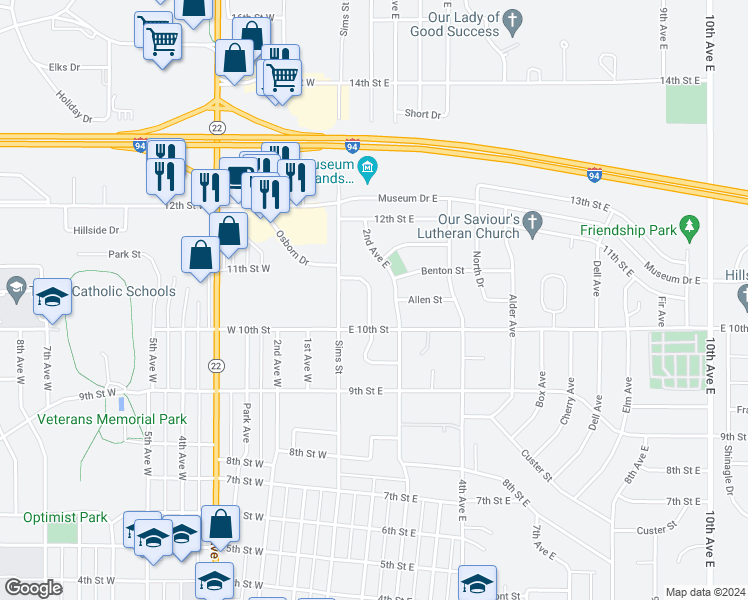 map of restaurants, bars, coffee shops, grocery stores, and more near 1070 Foster Drive in Dickinson