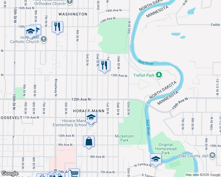 map of restaurants, bars, coffee shops, grocery stores, and more near 1229 1st Street North in Fargo