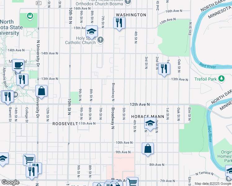 map of restaurants, bars, coffee shops, grocery stores, and more near 1225 North Broadway Drive in Fargo